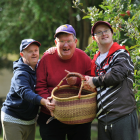 three people with disabilities picking apples from a tree