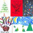 Five Christmas Card designs that are each handmade. A Water colour Christmas Tree with paint blown by a straw. A red card with black pen drawing of rockin' Rudolph deer skull and crossbones. A glitter Christmas Tree with button decorations. A Rudolph made from a brown paint handprint and colourful lolly pop stick antlers. A snow scene with green triangle trees and blue crayon swirly sky.