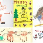 Five homade Christmas Card Designs. A felt pen Santa with cotton wool coat. A yellow card with a black pen snowman, painted Christmas Tree and Father Christmas stickers. A water coloured Robin. Santa in his sleigh with Reindeers, the sleigh is a paint footprint and the reindeers are made of painted handprints. A cartoon of a snowman, cat and Christmas tree.