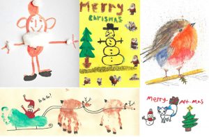 Five homade Christmas Card Designs. A felt pen Santa with cotton wool coat. A yellow card with a black pen snowman, painted Christmas Tree and Father Christmas stickers. A water coloured Robin. Santa in his sleigh with Reindeers, the sleigh is a paint footprint and the reindeers are made of painted handprints. A cartoon of a snowman, cat and Christmas tree.