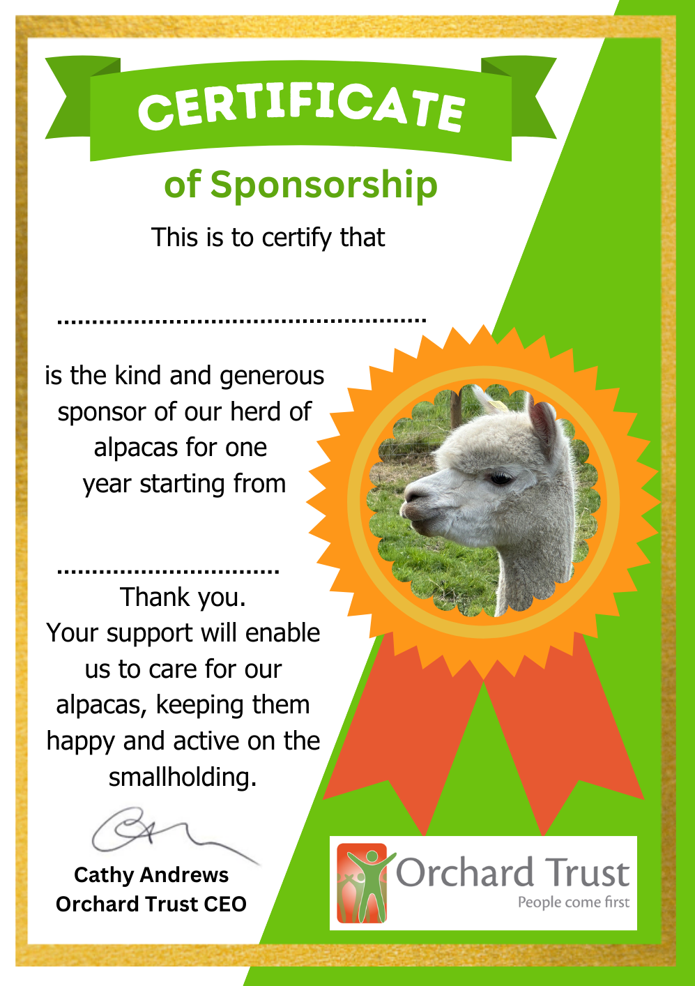 Certificate of sponsorship for alpaca