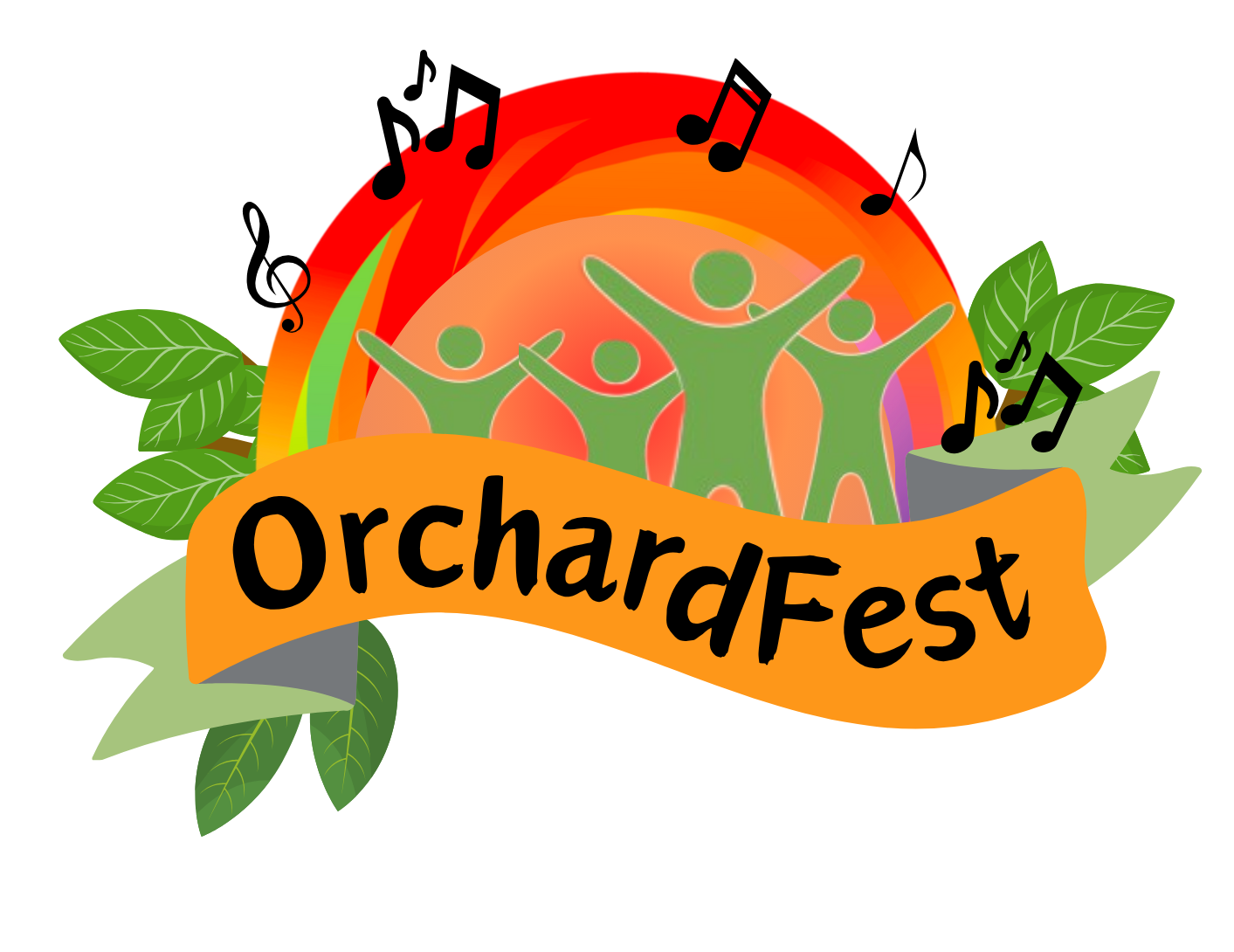 OrchardFest Logo, with a rainbow, music notes, leaves and people dancing