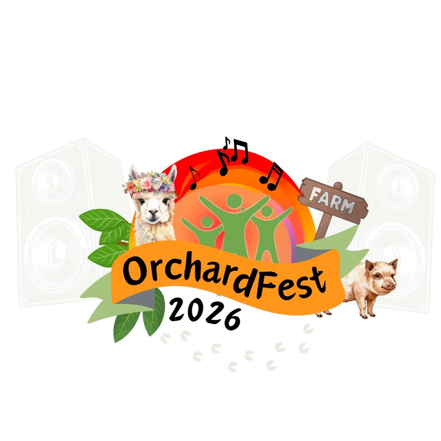 OrchardFest logo 2026 including a Rainbow, Llama, pig and music notes